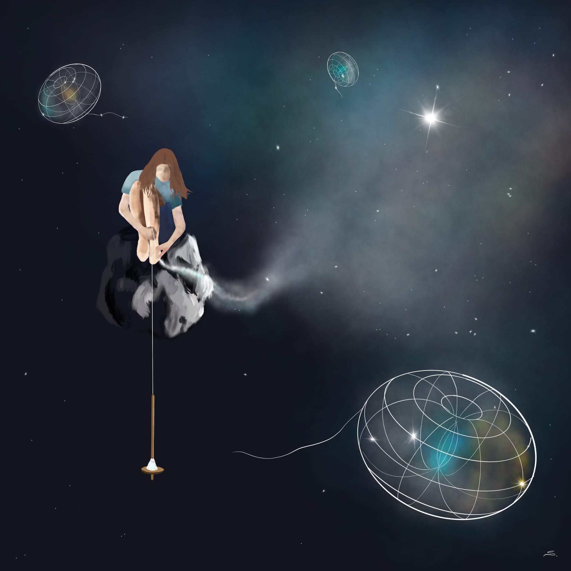 A person with long brown hair sits on a rock in space on the left. A drop spindle hangs in her fingers as she drafts from a nebulous cloud. Skeletons of spindle tori float in the distance as if created from the thread being spun- one is closer in the bottom right. A bright star in the upper left is within the cloud and other stars are scattered throughout. The tori have cloudy lights from within.