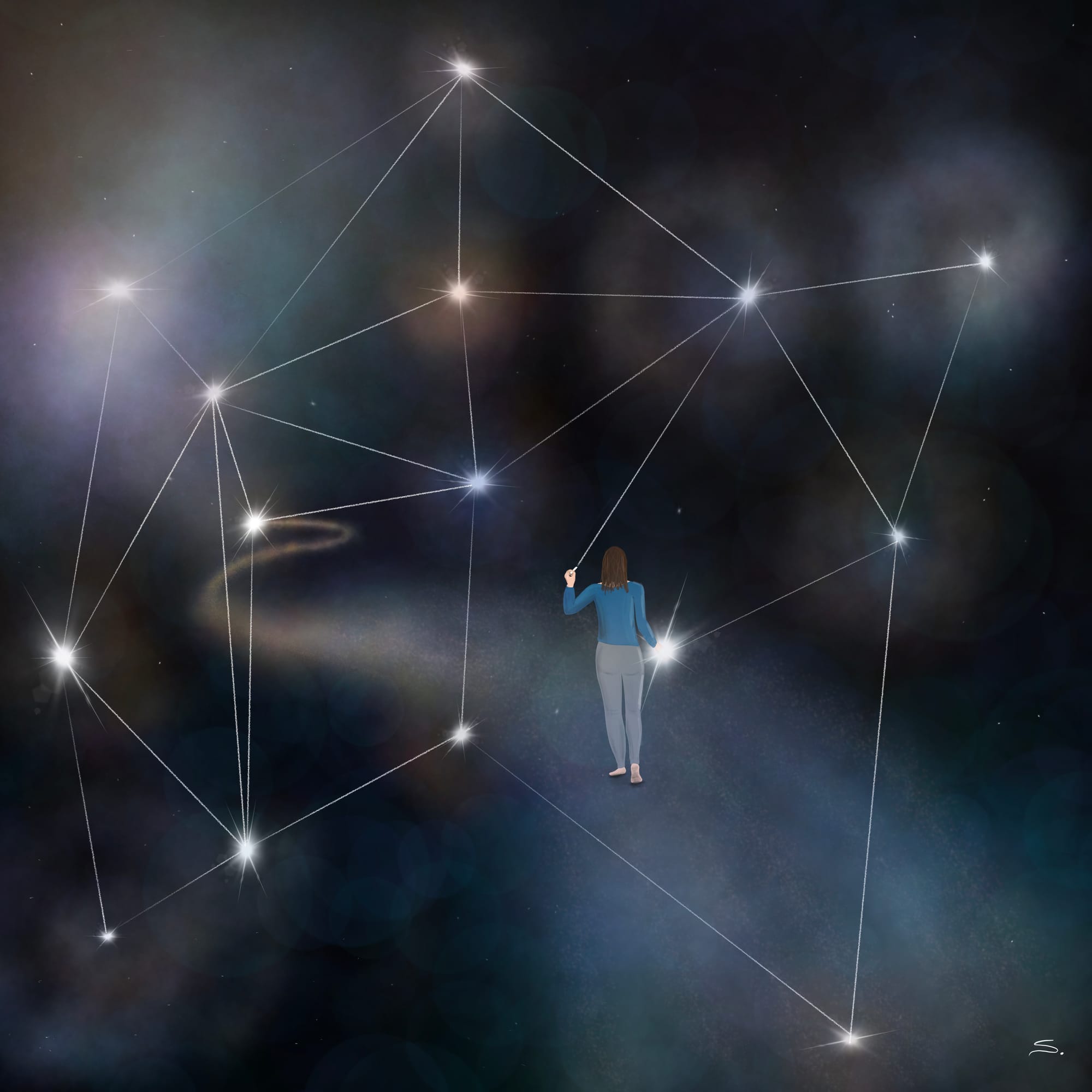 a person with brown hair walks on a curvy trail of nebula dust facing away with a piece of chalk in their left hand and star in their right. The chalk is connecting 14 stars throughout the image with straight lines creating a planar graph. stars have nebulous clouds around them.