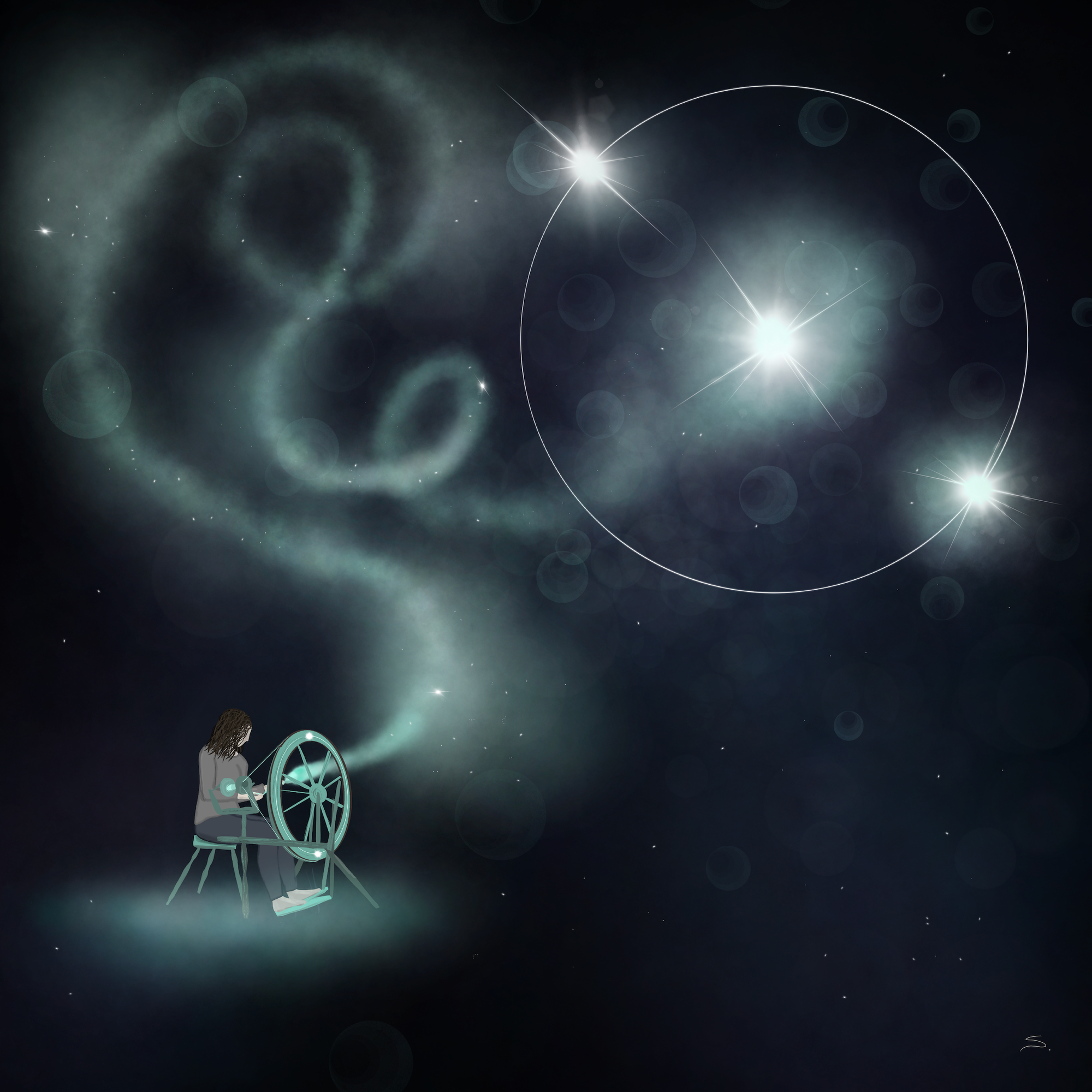 a person sits at a spinning wheel in the lower left side drafing from looping clouds that have a source of a star orbited by two other stars. A circle is drawn around the two orbiting stars that stand opposite each other in the same orbit. stars littler the canvas of space. the clouds and spinning wheel are teals and whites with some blue hues in the background. 