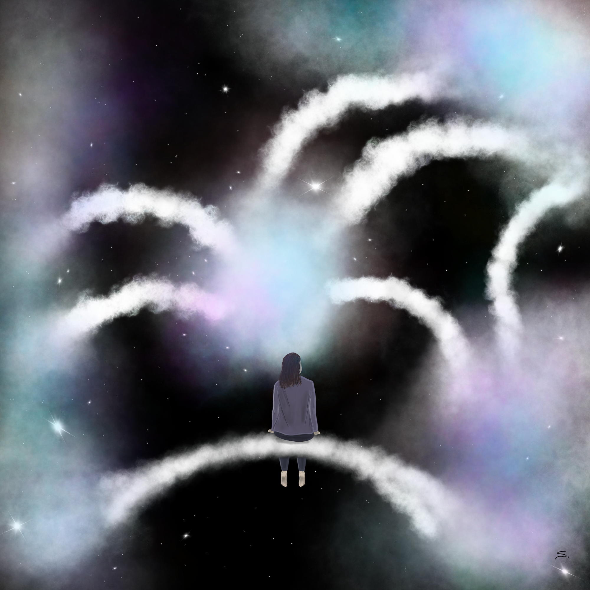 a person with feet dangling sits on a bridge of clouds overlooking a river of void. other bridges are arranged in the Königsberg configuration - all clouds with stars throughout. 