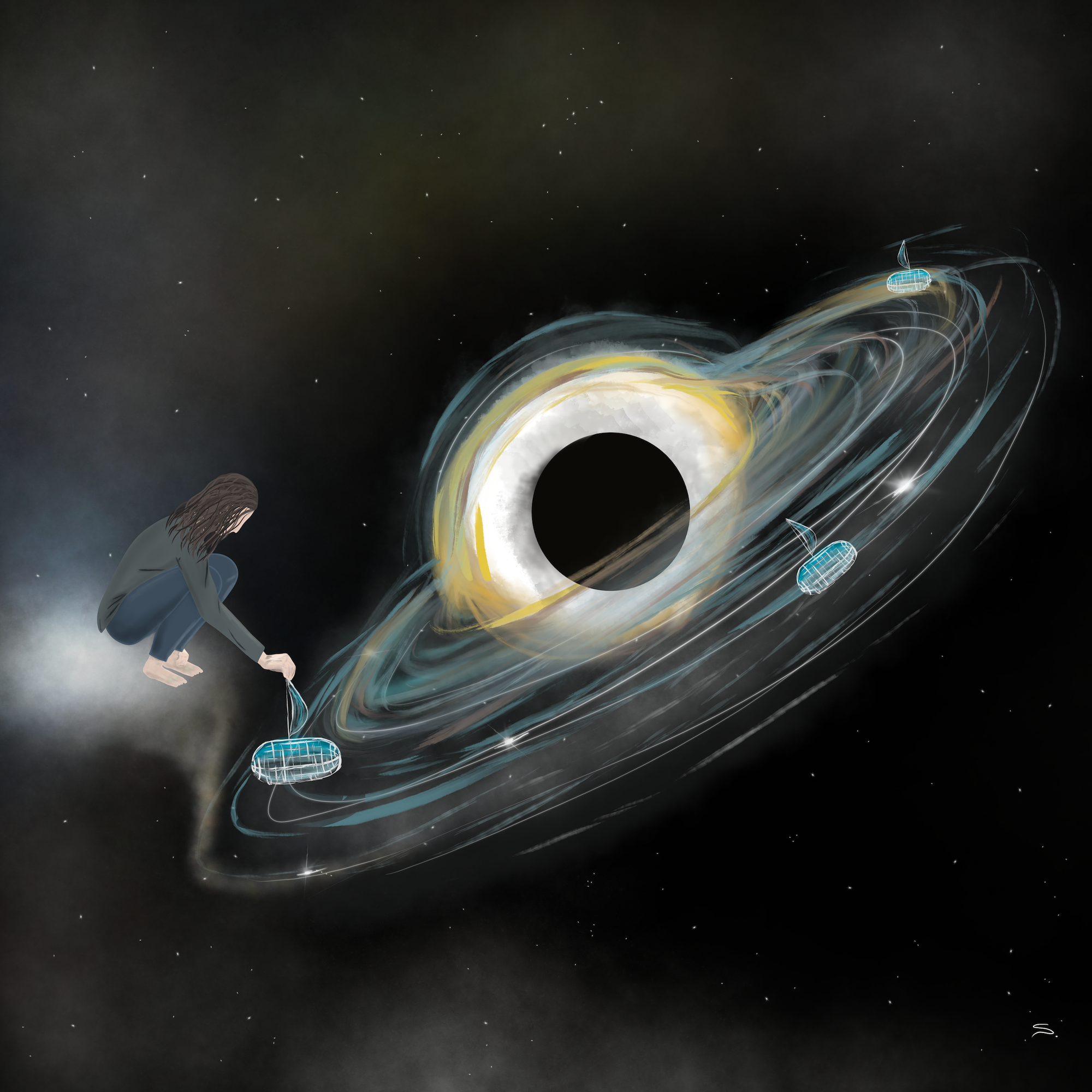 A person squats down on a nebulous cloud to release a vessel in to the stream of a blackhole. The vessel is a capsule with a sail. There are two others just like it floating in the swirl. Some of the cloud is pulled and stars litter the canvas.