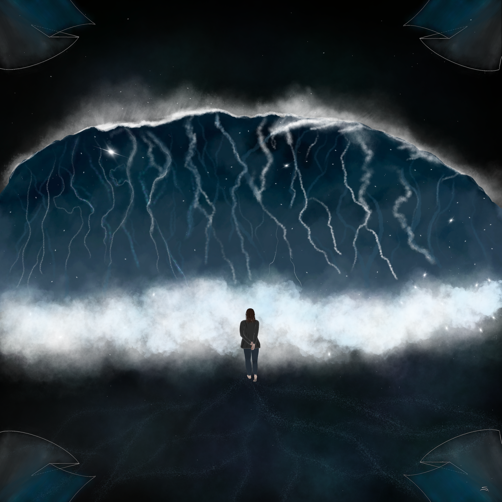 A person walks contemplatively with their arms behind their back into a large wave. The wave has stars scattered throughout and catastrophe curves sit in each corner as a frame.