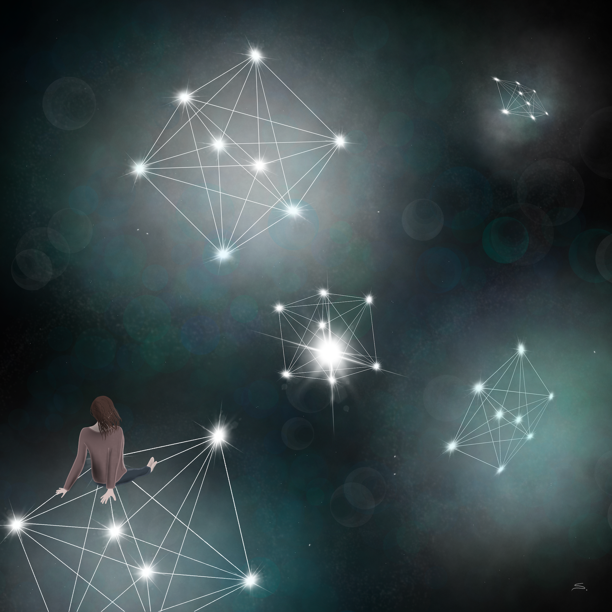 A person sits with legs out in front facing away looking out at space. stars litter the scene and 5 16-cells float with nebulous clouds and stars for vertices with white lines for edges. 