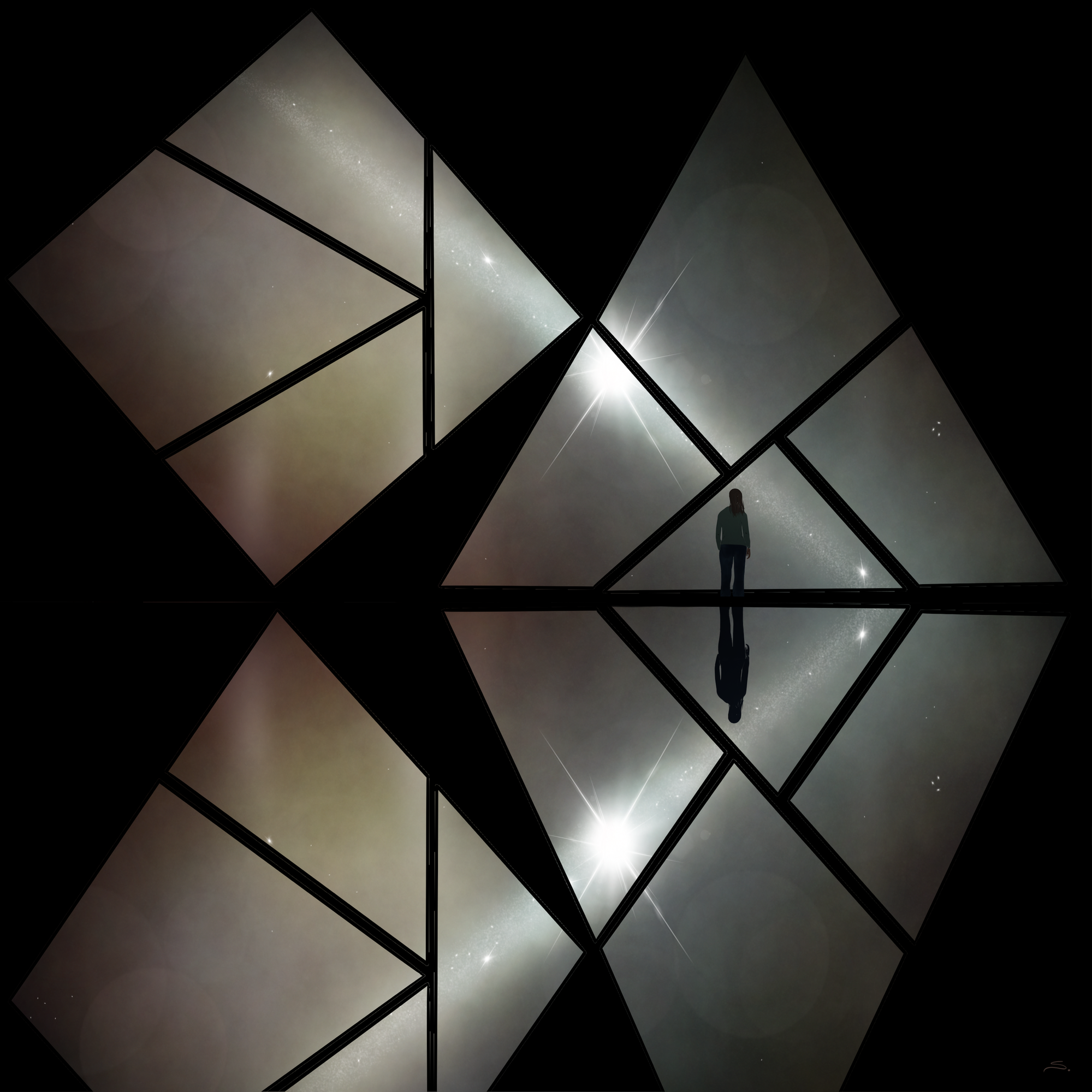 Two large windows stand  - one is a triangle and the other a square with lines across them in a mathematical dissection of equal area. A galaxy with a bright star shines through them. The panes are black and area around them is black. They reflect on the floor. A person stands in the center of the triangle window looking out with their left hand in their pocket - also a silhouette. 