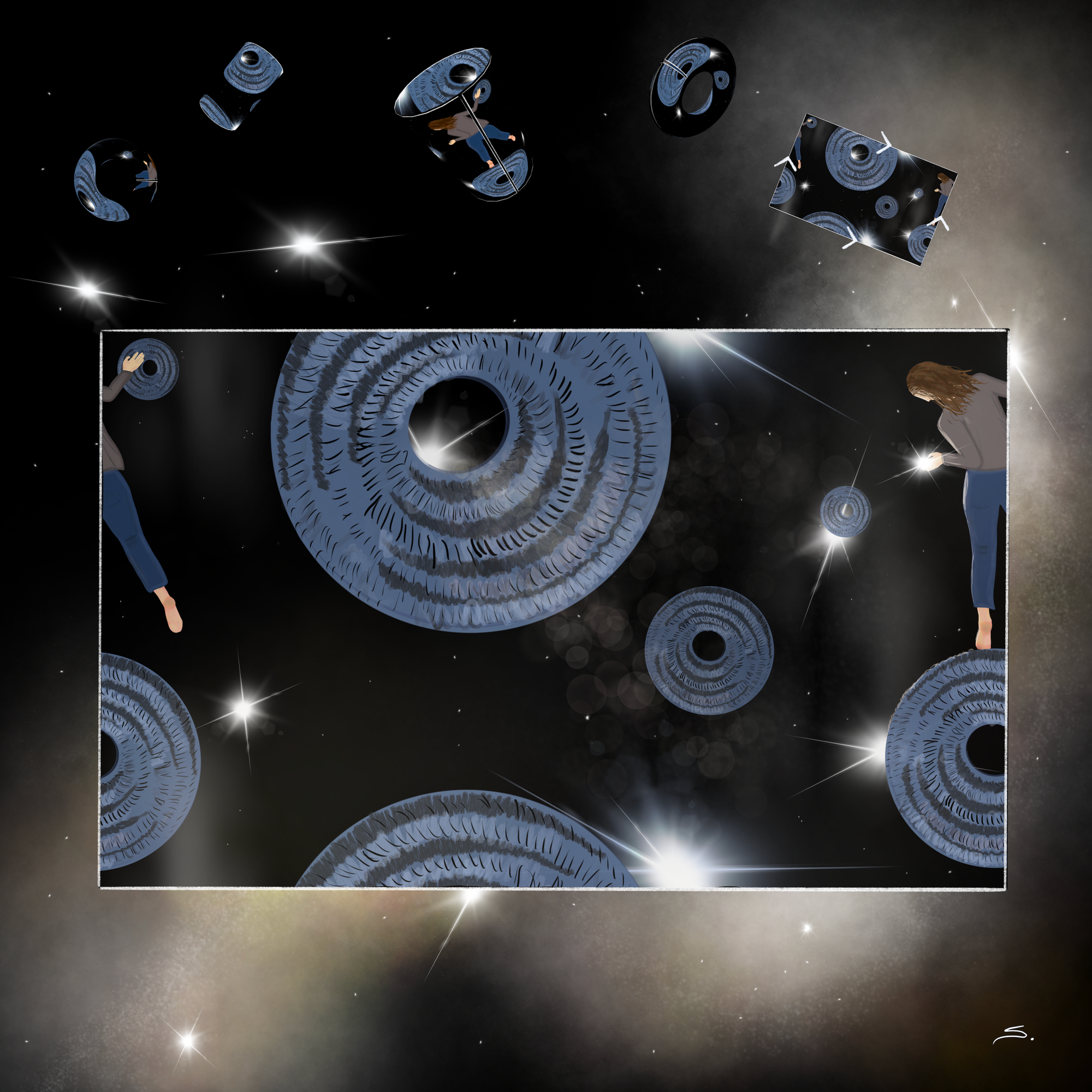 A rectangle has flat tori floating in space with objects wrapping around so that the image connects left to right and top to bottom. A person is at the edge on the left and right standing on their toe. They are spliced between the edges. Behind the rectangle, the square seen has gaseous clouds and stars with floating flat surfaces, cylinders and tori of the rectangle image wrapped. The flat tori are blueish. The person has brown hair, blue pants and a grey shirt.