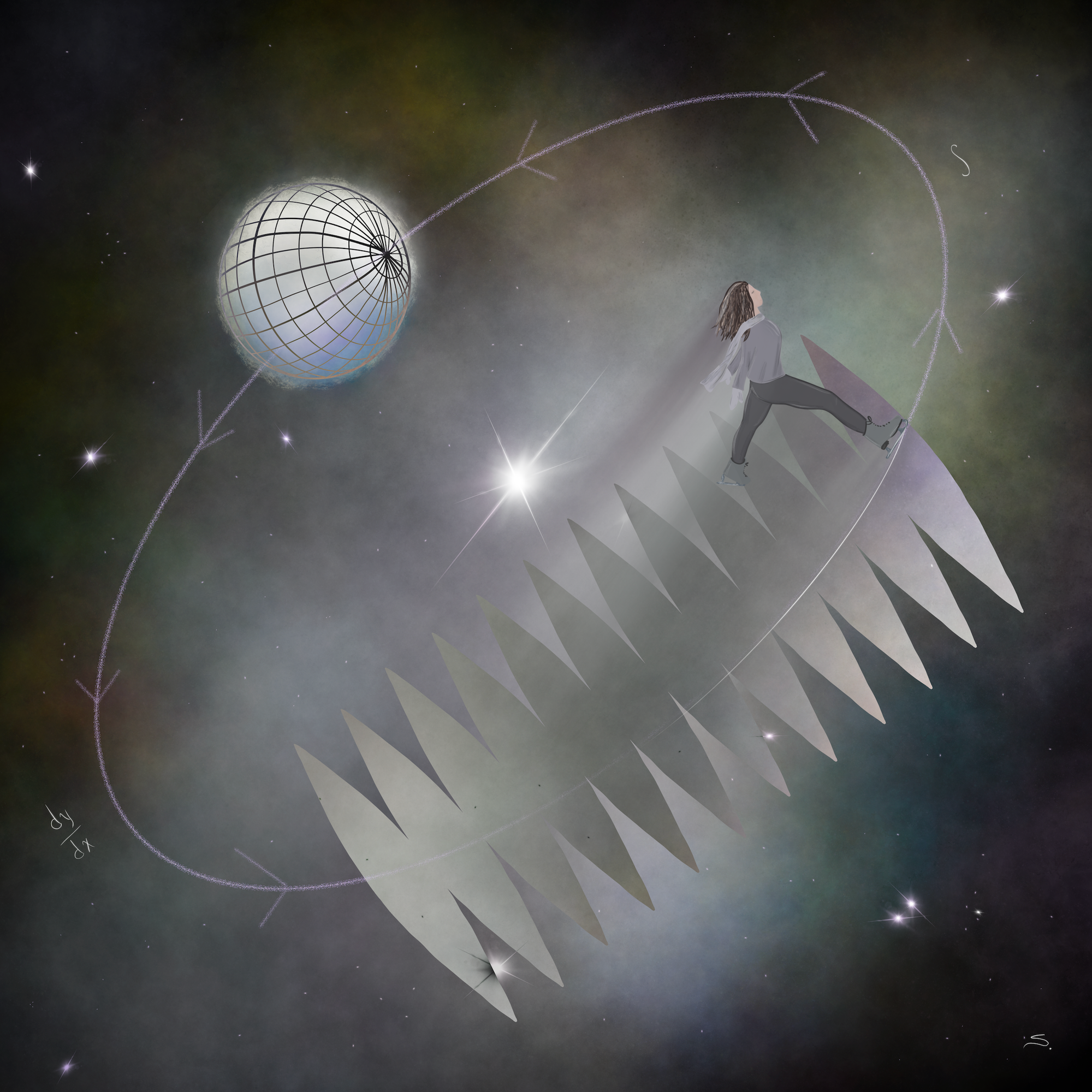 In a space setting, a person ice skates in a circle diagonal across the canvas that connects a sphere and a net of a sphere with a faint integral sign going from the net to the sphere and derivative sign going from the sphere to the net. A bright star sits in the middle with nebulous clouds and stars throughout. The person has mittens and a scarf with shoulder-length brown hair.