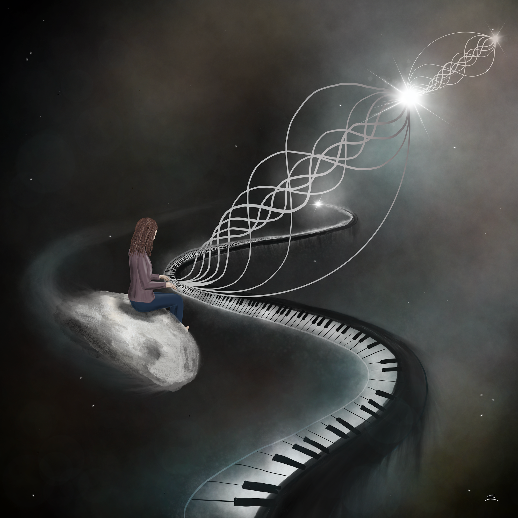 a sinewave shaped piano in perspective comes from the center of the image to the bottom. A person sits on a space rock as a bench playing the piano. The rock has a comet tail following the sine wave path. From their hands, the harmonic series of waves stretches to a star in the upper right corner. this pattern repeats smaller to another star in the same linear path. There is nebulous clouds and stars throughout. 