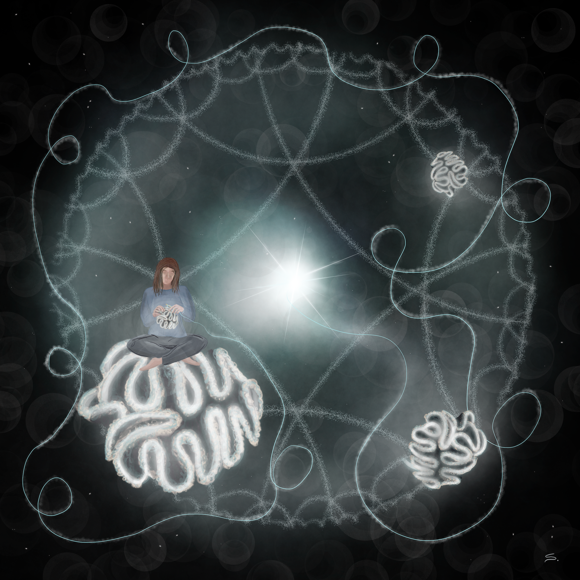 A person sits criss-cross on a hyperbolic crocheted semi-sphere floating in space with string winding throughout coming from the center with a bright white and teal-ish star. Two other hyperbolic loveys float. The stars have trails of hyperbolic disks and there is light leaks and gaseous clouds throughout.