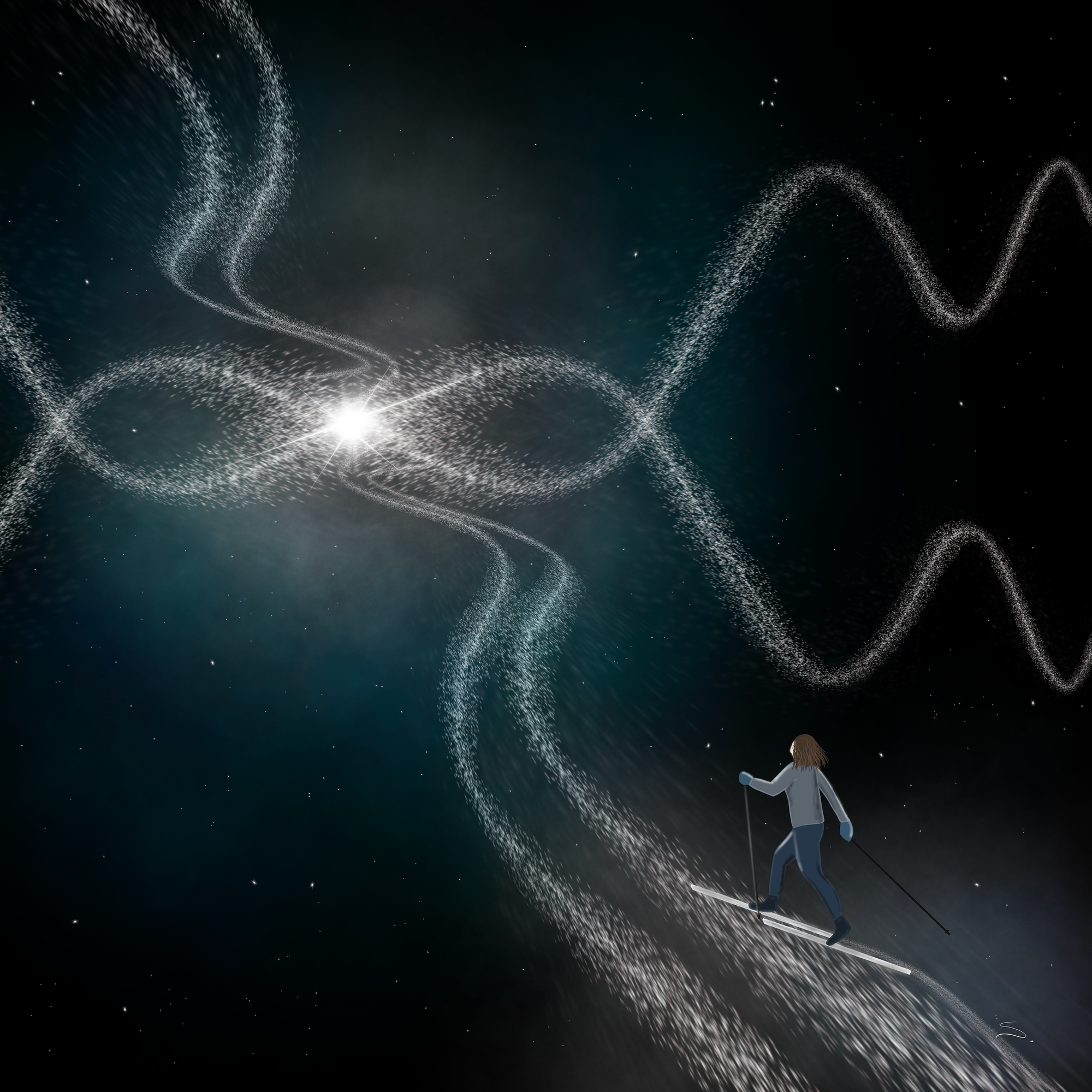 A person cross-country skis on a wavy trail of scattered white among the stars. a single large star sits in the middle of multiple wave crossing. The star has a cloud halo.