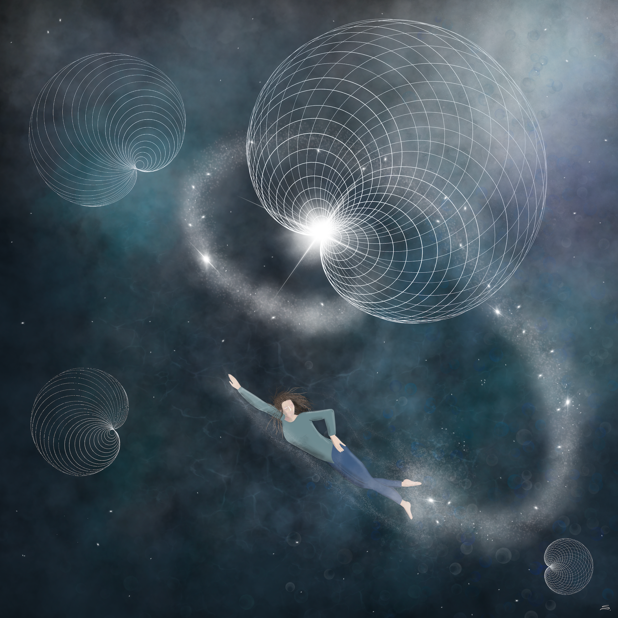 In cloudy space with stars, a person swims in a spiral with a trail of stars (freestyle stroke). Four limaçon float in space around them. A lar star sits at the dimple of the largest and at the center of the spiral. The limacon are drawn with white lines, some have crossing circles and other just circles getting larger (half the lines). 