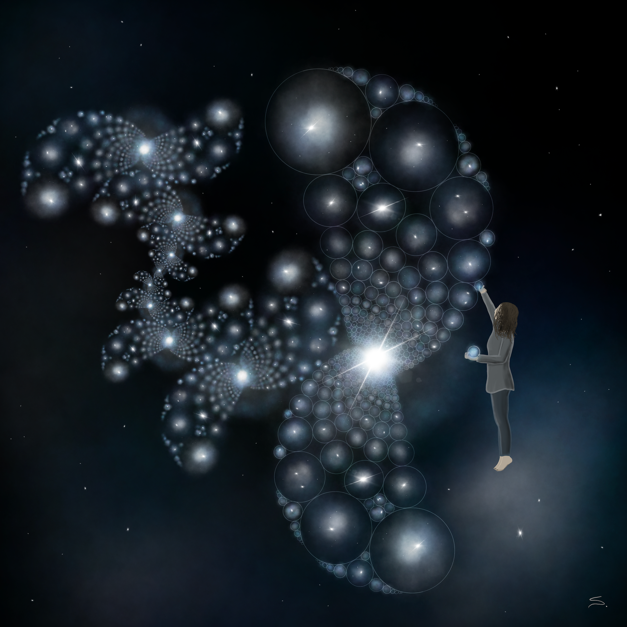 among the stars, a person stands on their toes placing an orb into a packing of orbs while holding another. The packing creates almost an s shape of partial apollonian gaskets repeated in another s-curve. the negative space of the fractal matches up to the person's body to create another negative space in the darkness of space. 