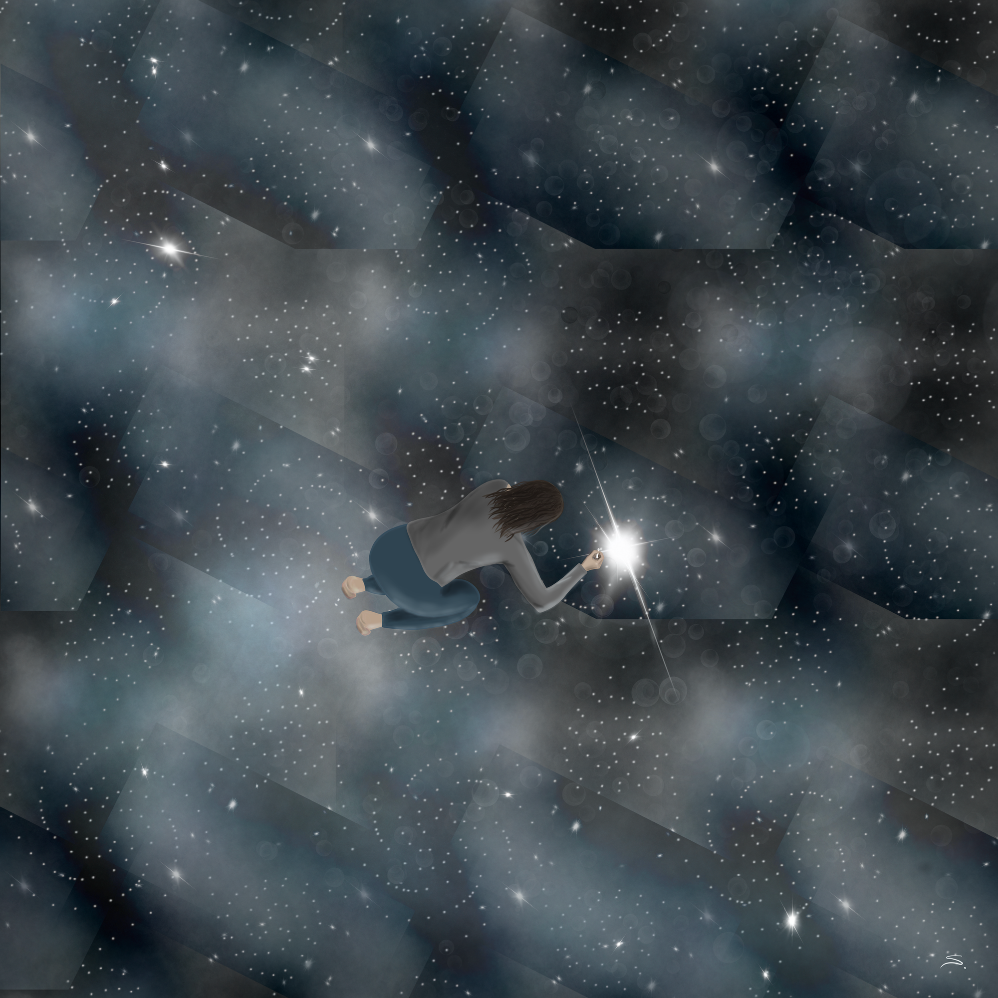 A person draws tiles of stars and nebulas. The stars spiral and tiles have a rectangular appearance. The view is from above with the person on their knees bent over drawing. 