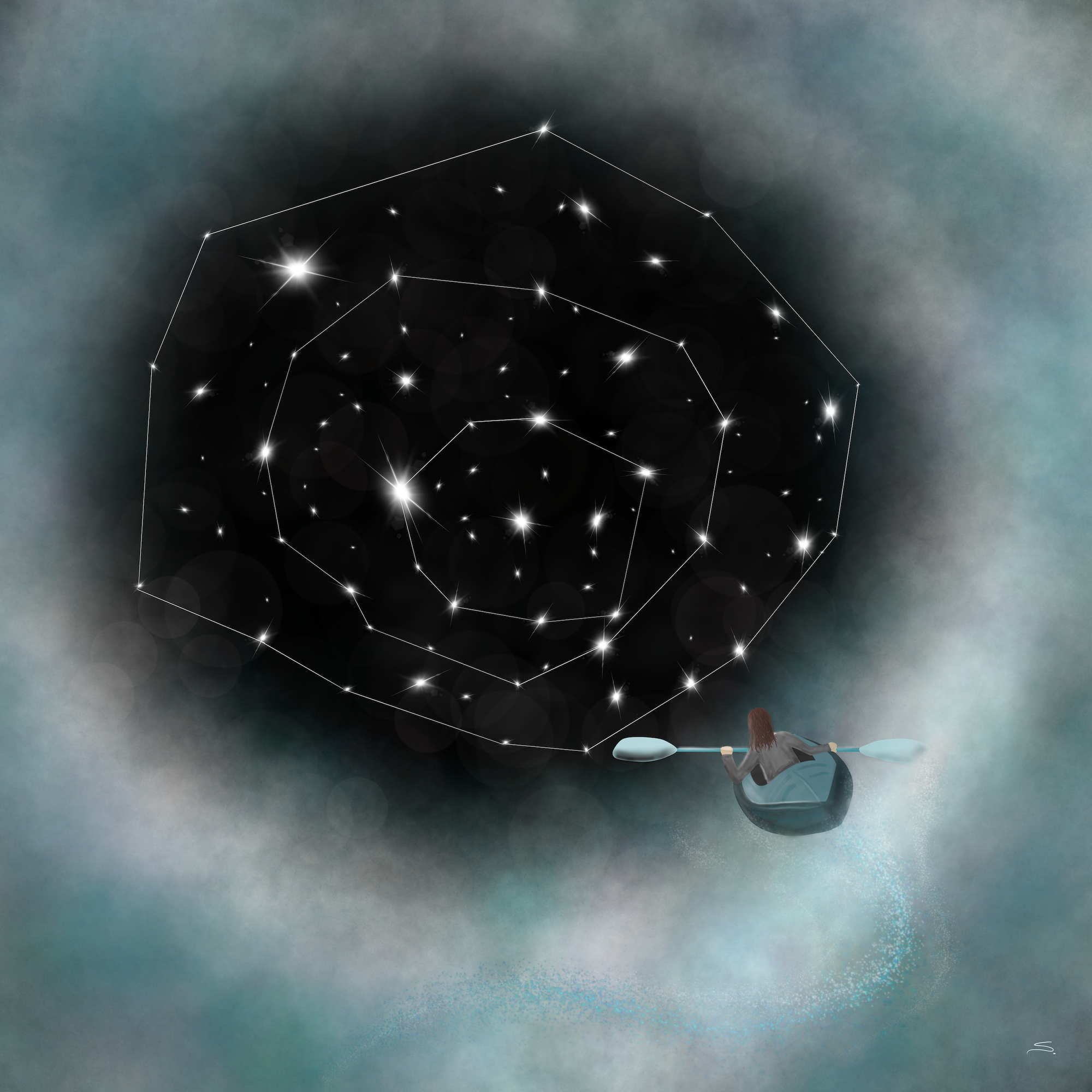 a person kayaks in a circular nebulous cloud with an opening to the stars connected in hulls like rubber bands on nails.