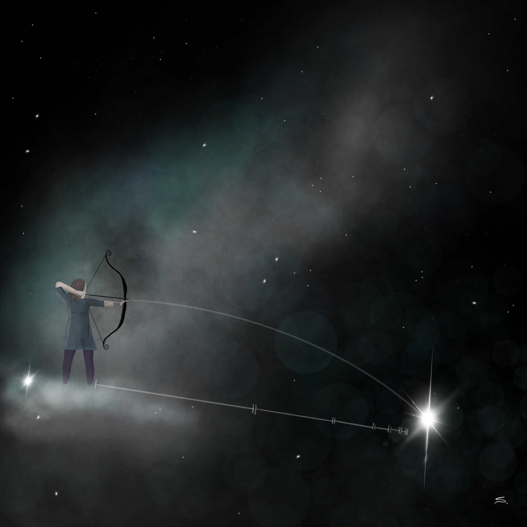 A person is ready to shoot an arrow while standing on a nebulous cloud with stars and nebula all around. A trajectory line between their arrow and a star exists, but so does the distance markers for half, half-of-half, half-of-half-of-half - etc. to show Zeno's paradox. 