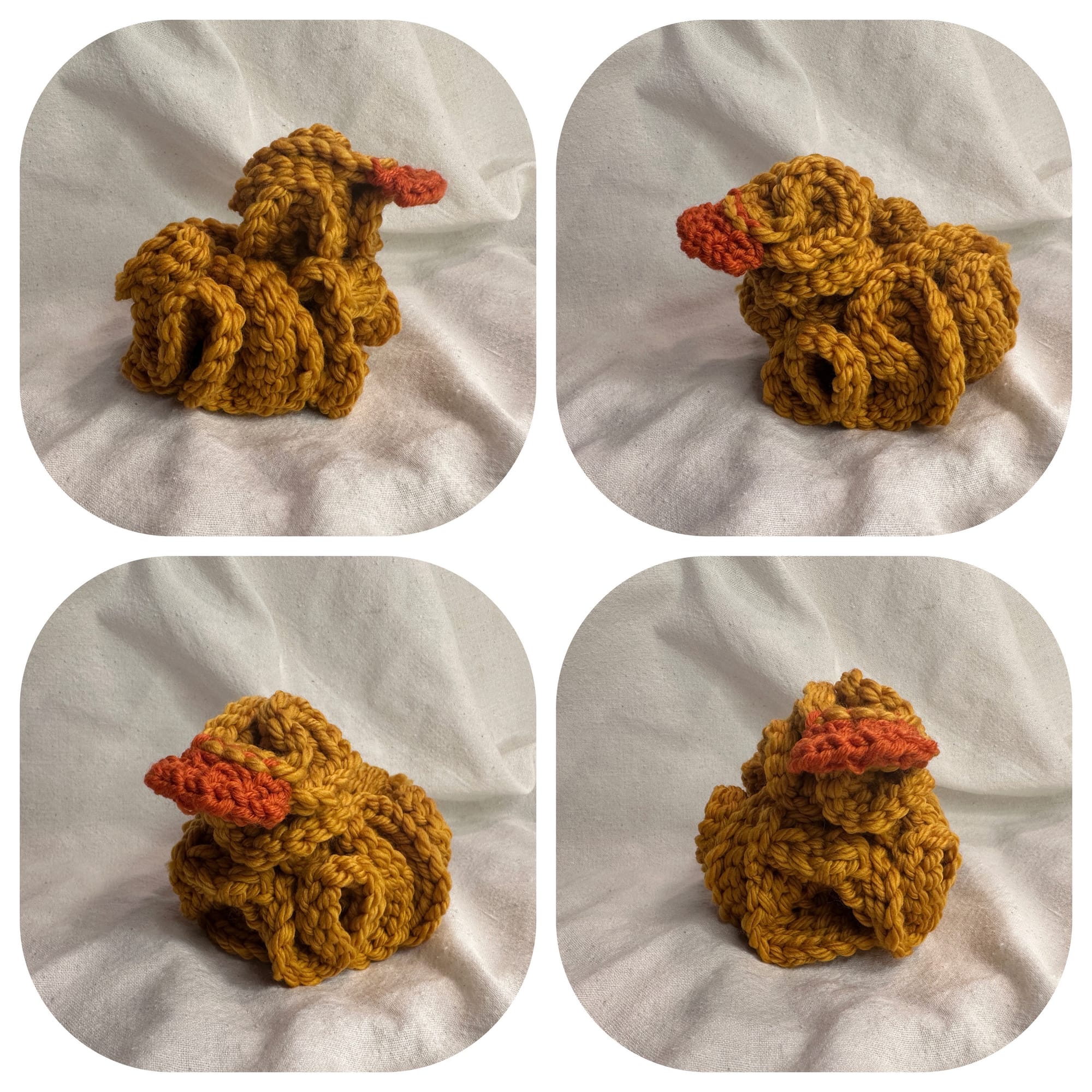 4 images of a yarn hyperbolic duck facing different ways.