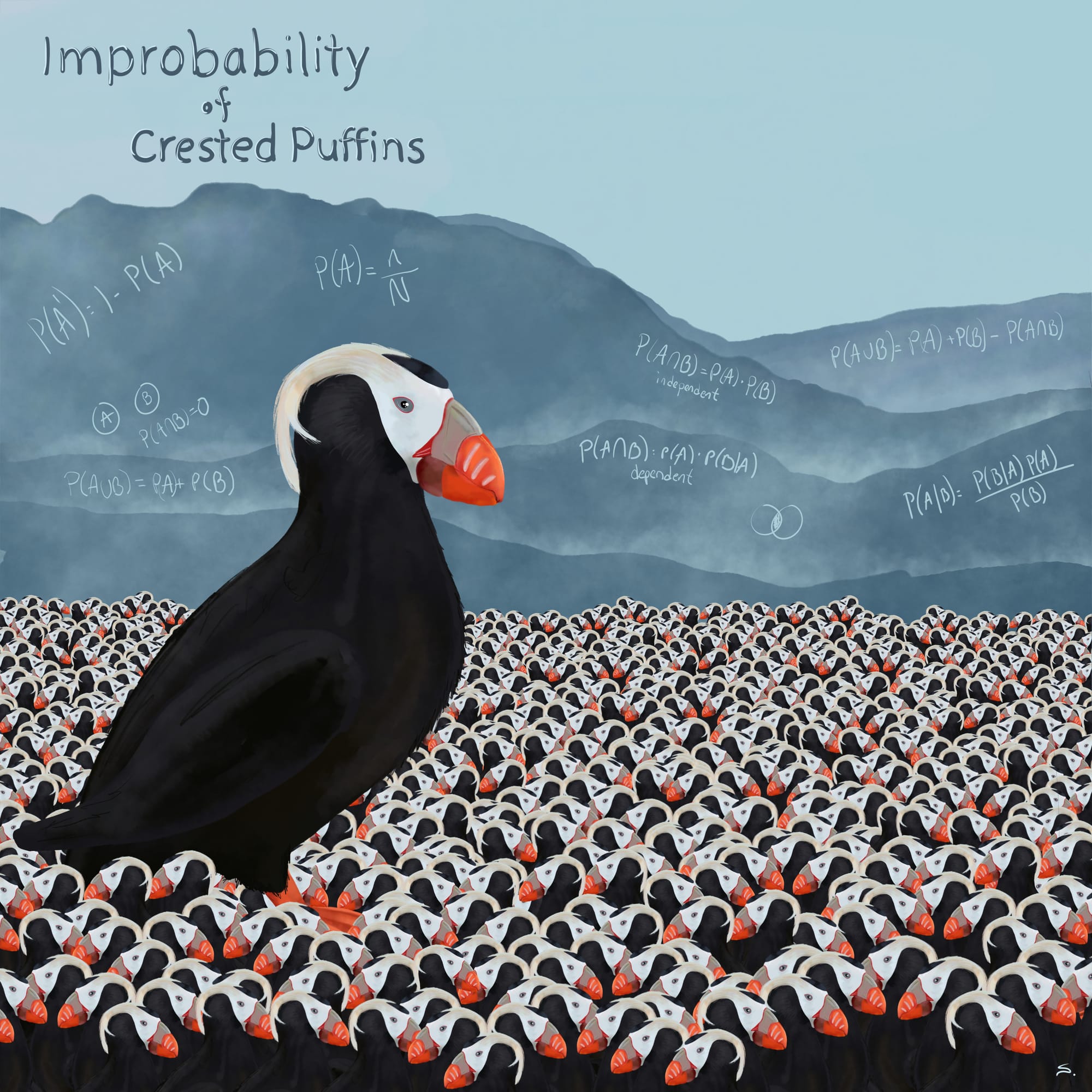 Title - improbability of crested puffins is written among the coastal range with other probability formulas along the range. At the base, hundreds of crested puffins gather with one large (very large) puffin standing to the left and facing right.