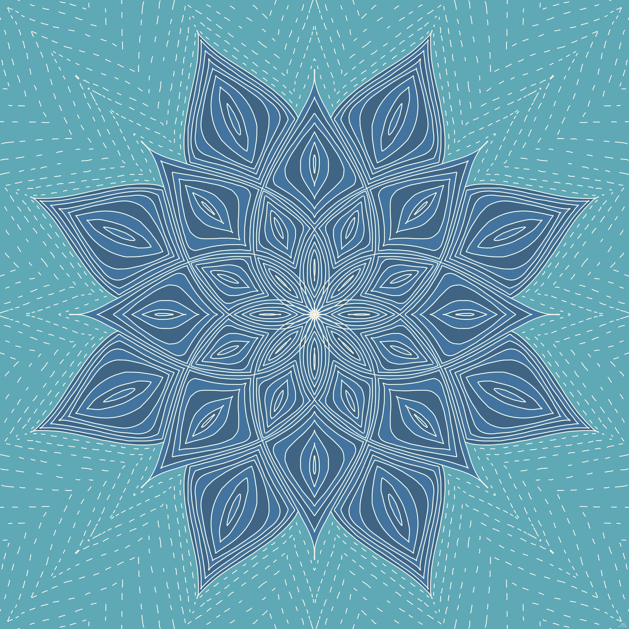 a blue symmetrical mandala drawing of 8 pedals repeated and getting larger. a lighter blue background with a dashed echo of the flower-like mandala. 