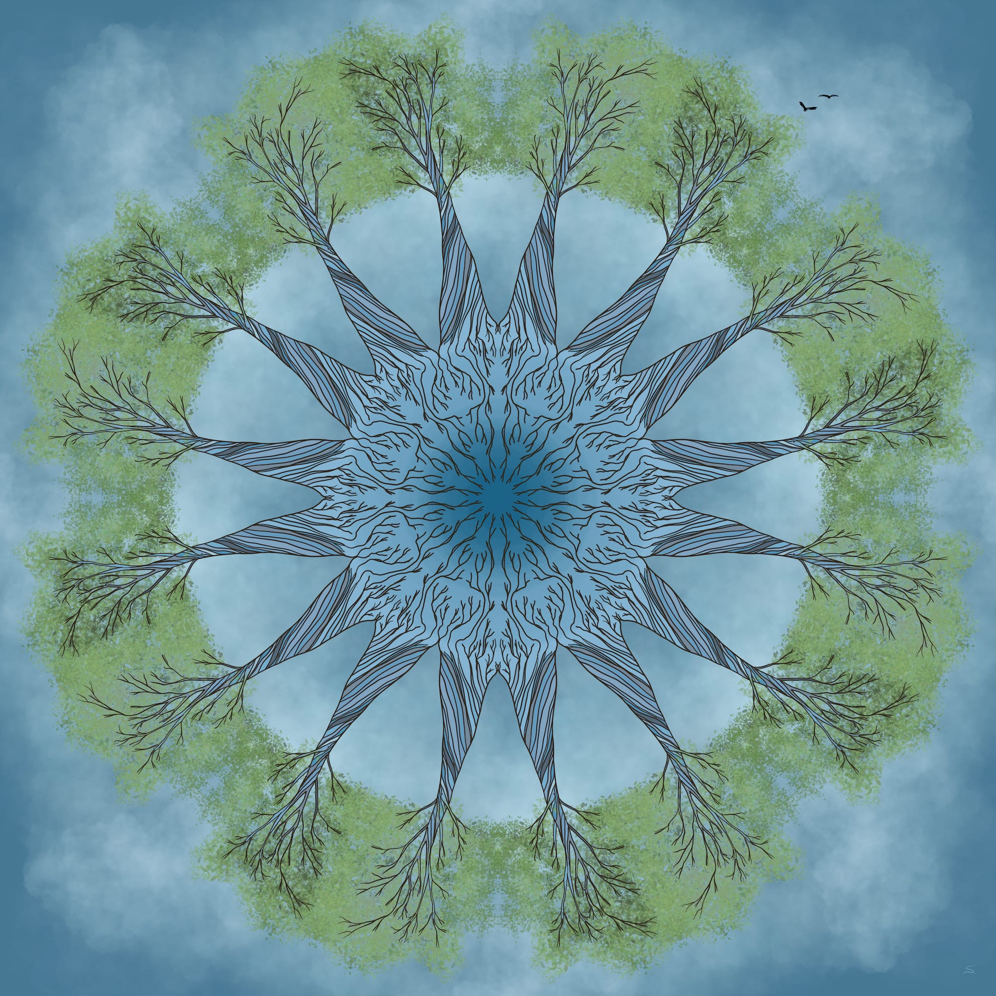 16 trees in a symmetrical circle with mostly blue hues and green leaves. Two birds fly in the upper right. Roots reflect into the center of the piece as the background blues grow deeper. A cloudy sky throughout." title="16 trees in a symmetrical circle with mostly blue hues and green leaves. Two birds fly in the upper right. Roots reflect into the center of the piece as the background blues grow deeper. A cloudy sky throughout.