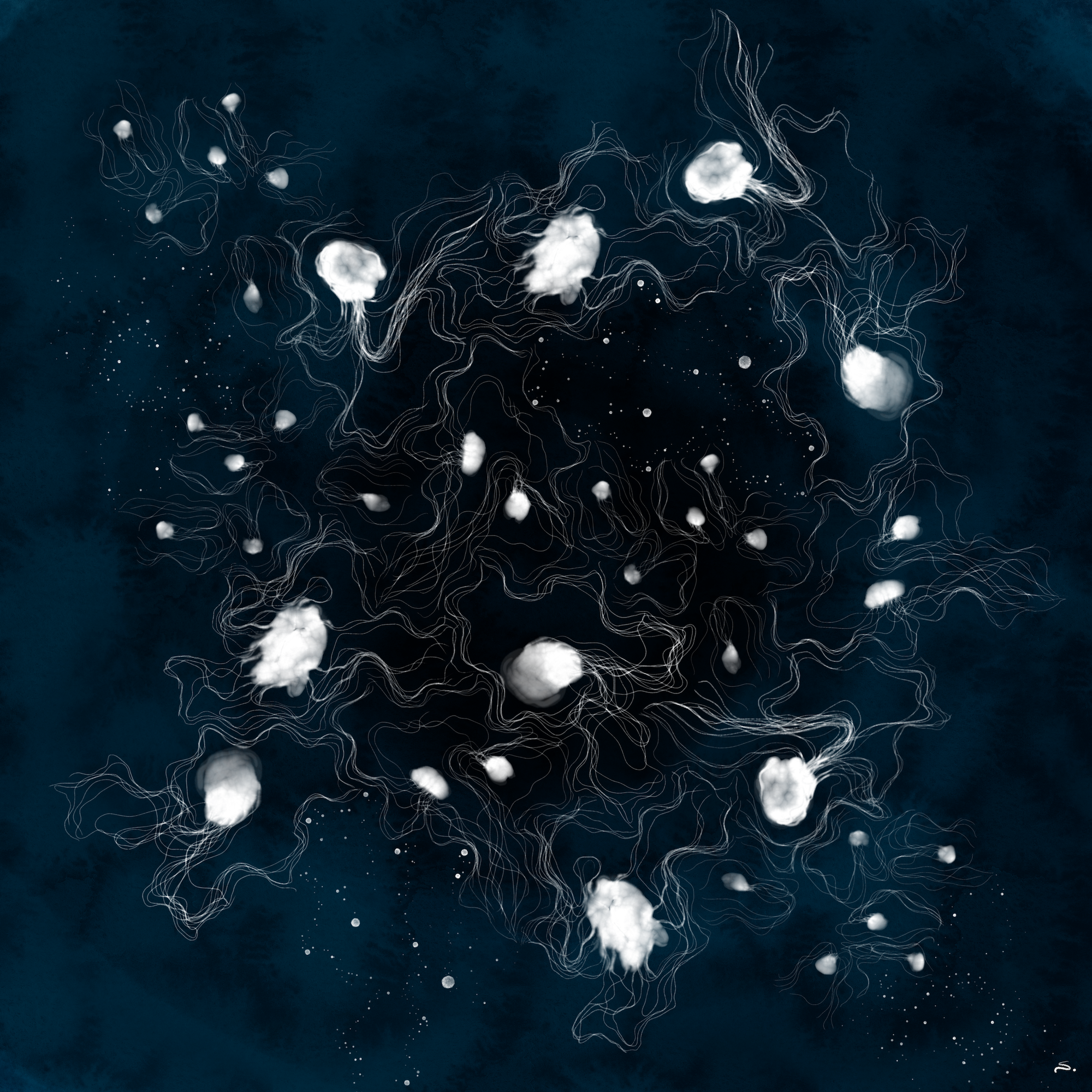 9 tiles repeated of white ghost jellyfish and bubbles of various sizes and orientations following the spectre tiling.  There is a dark background of blues and blacks. 