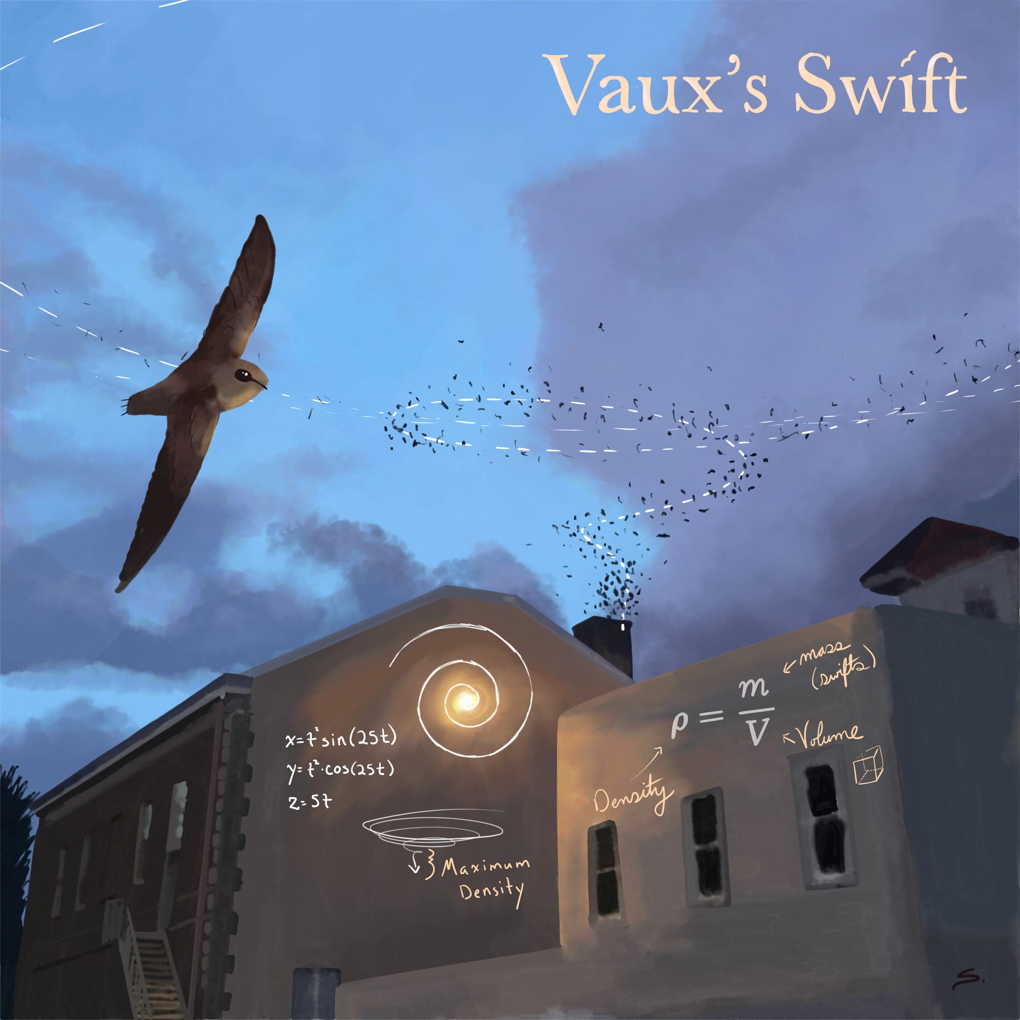 vaux's swifts in salem oregon with spiral and density equations on the side of buildings. scene is at dusk.