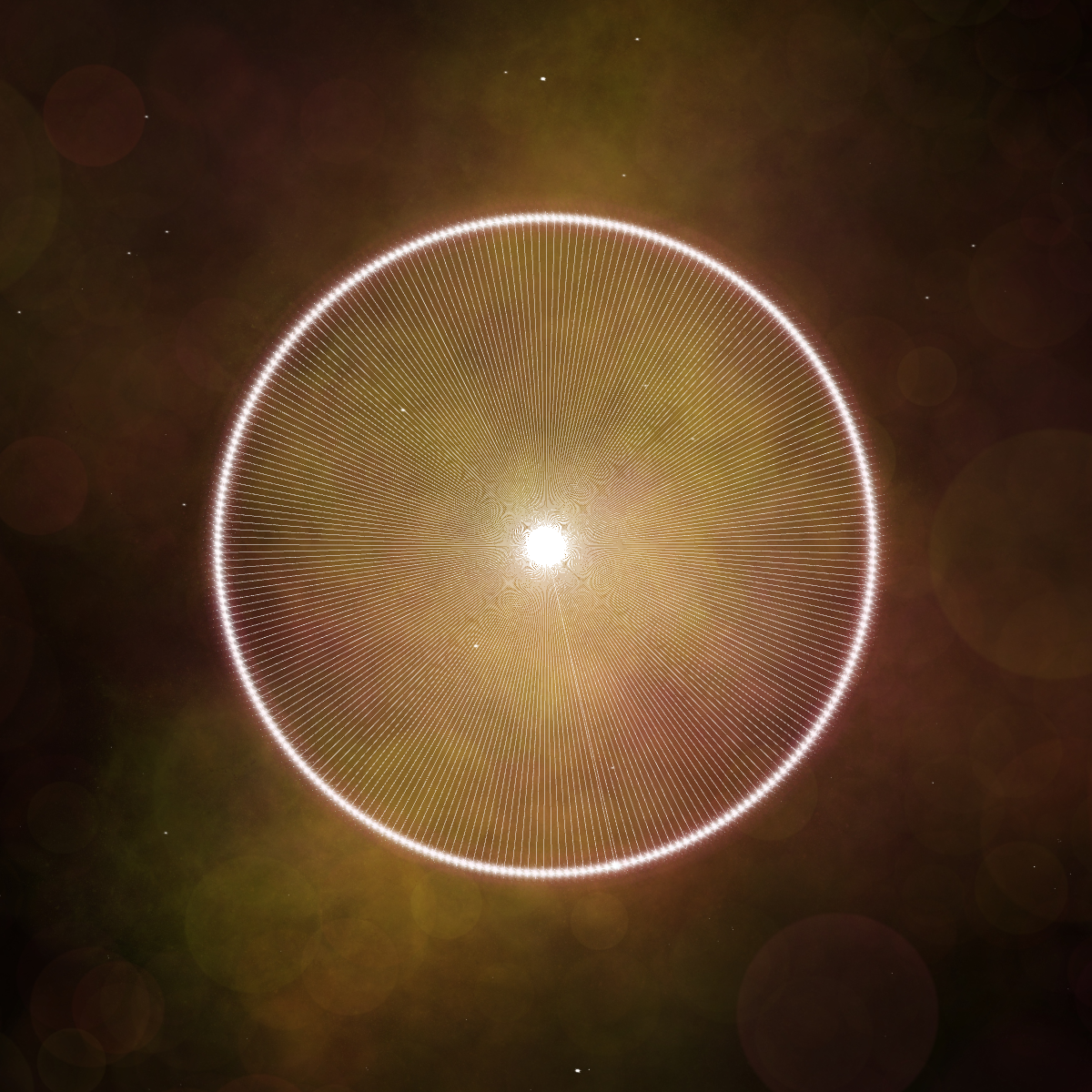 a circle with spokes going to a center star in an orange and red scene