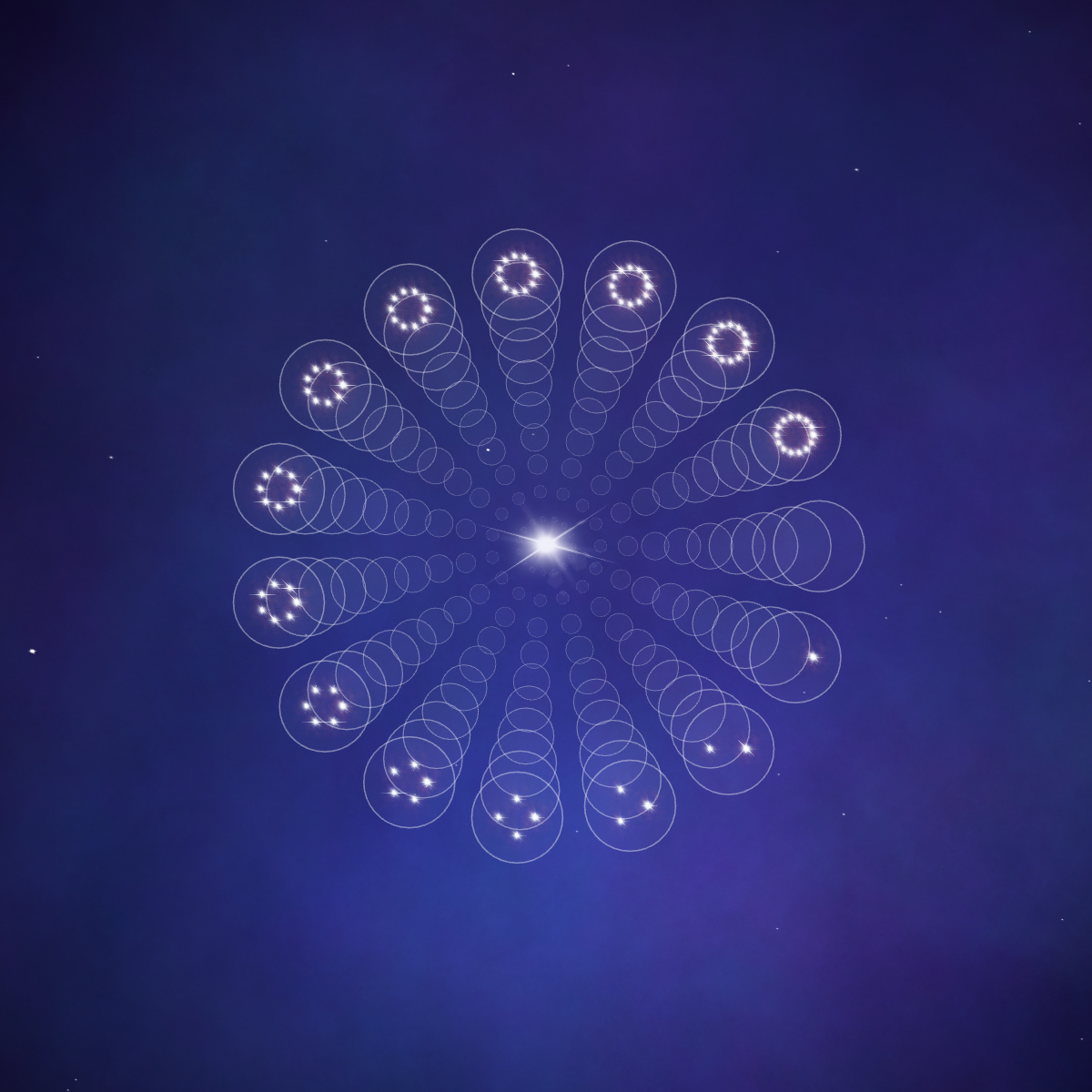 a circle made of circle stacks coming out from the center with countable stars going from zero to 14 in a puple starry scene