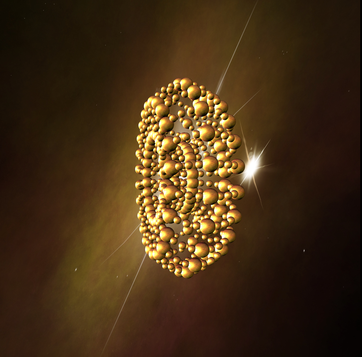 a torus made of points that are golden sphere in a starry scene