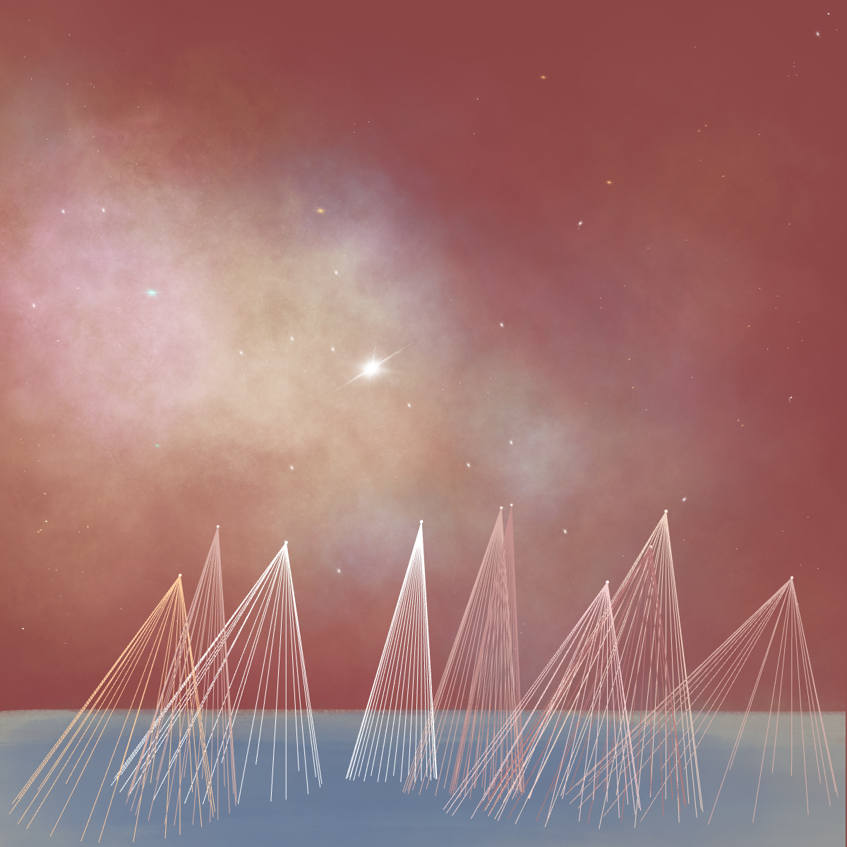 a pink starry sky with blue land and skewed cones on the surface