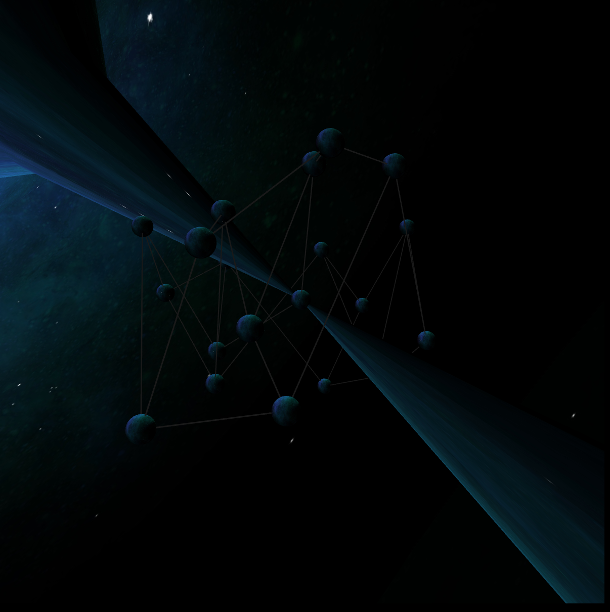 a dark starry scene with spheres connected