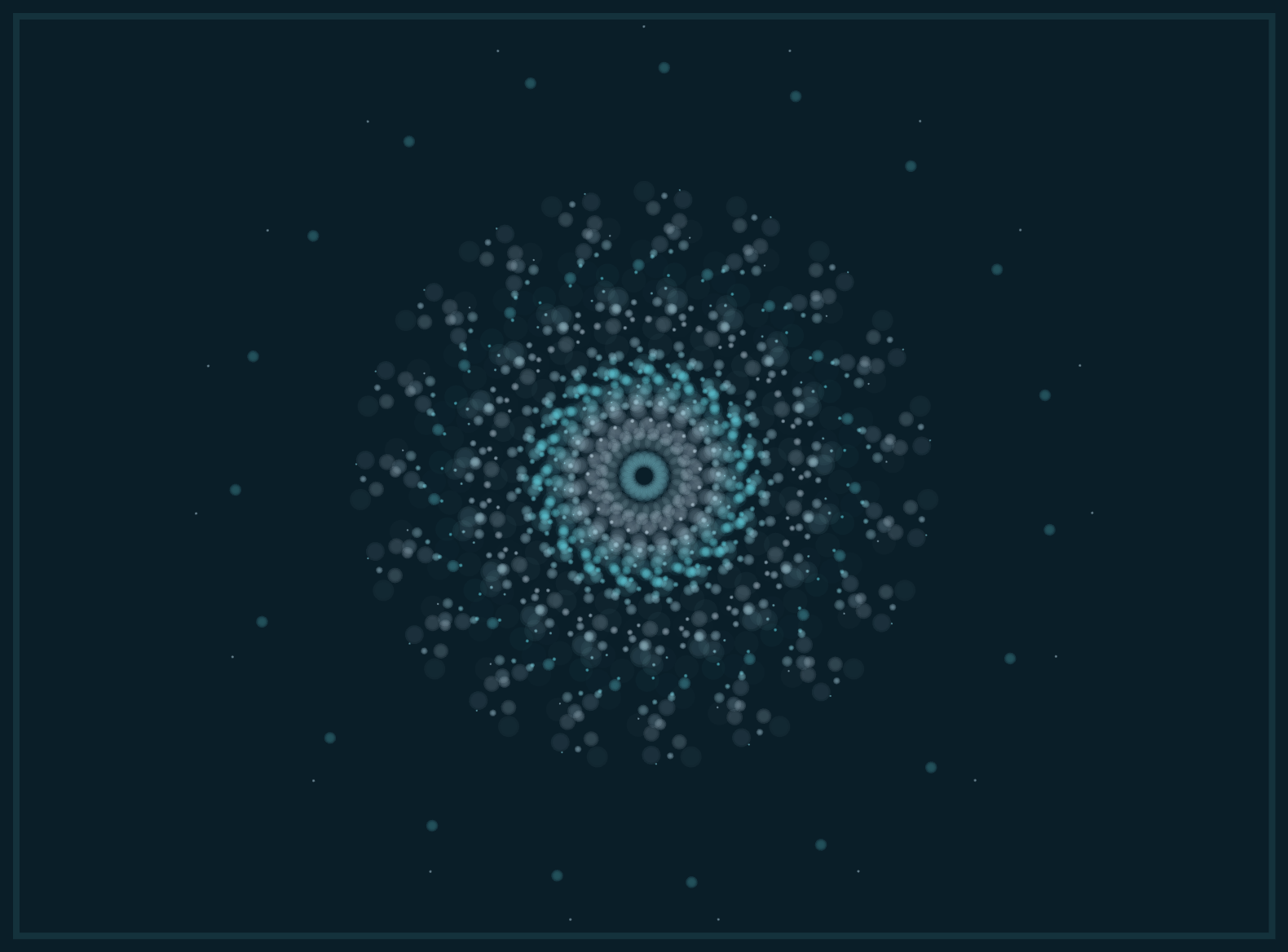 blue and muted hue dots with radial symmetry on a dark background