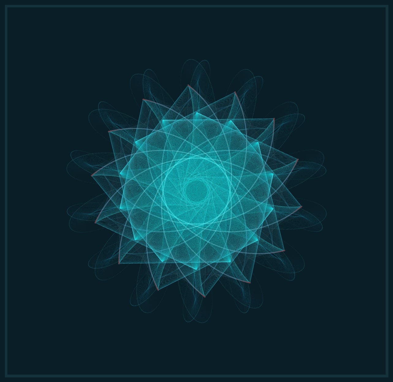 turquoise mandala on dark blue created from rotated double pendulums 