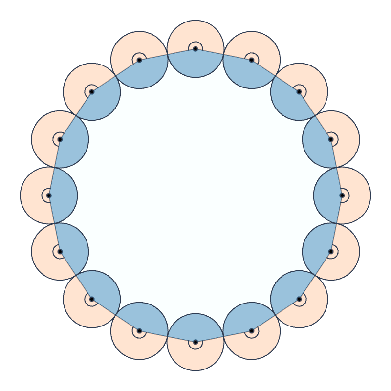 a hexadecagon (16 sides) with angles interior and exterior highlighted in blue and orange with the angle marking on the exterior convex angles.