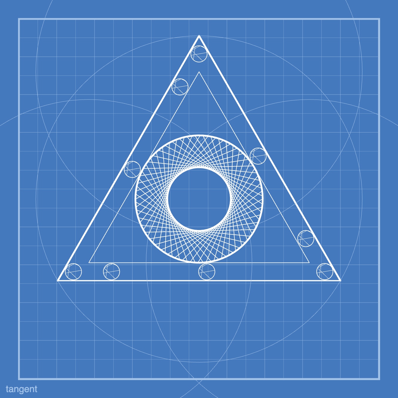 blueprint of a triangle with small circles rolling on the inside and a larger inscribed circle with tangents hugging a smaller circle. drafting lines shown for triangle construction.