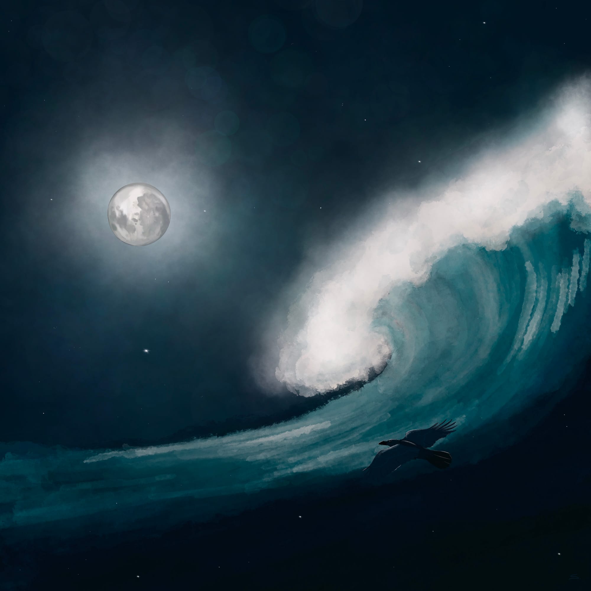 an ocean wave on the right curves and crests in the moonlight and a raven flows perpendicular to it's pull towards the moon. stars are found in sea and sky with mist coming from the moon and the wave. 