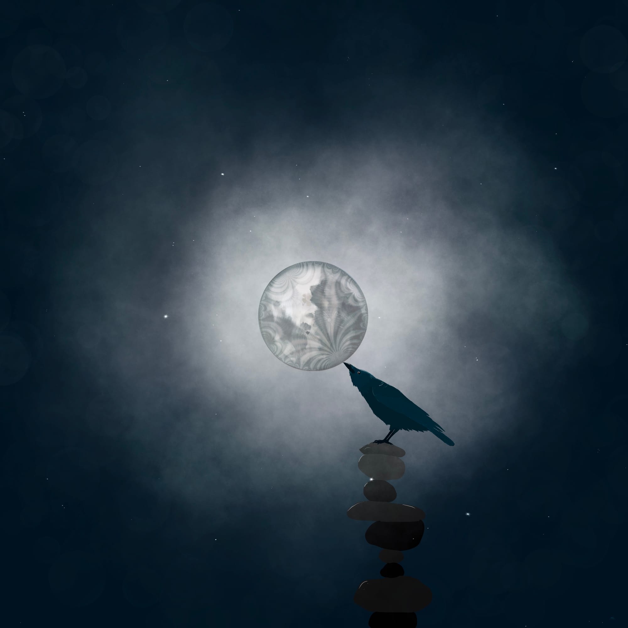 A crow touches the moon with its beak whilst standing upon a stacki of stones. The moon has a modular form shaded on it in overlay. A cloud of light in the darkness surrounds the moon along with stars in this nighttime scene. 