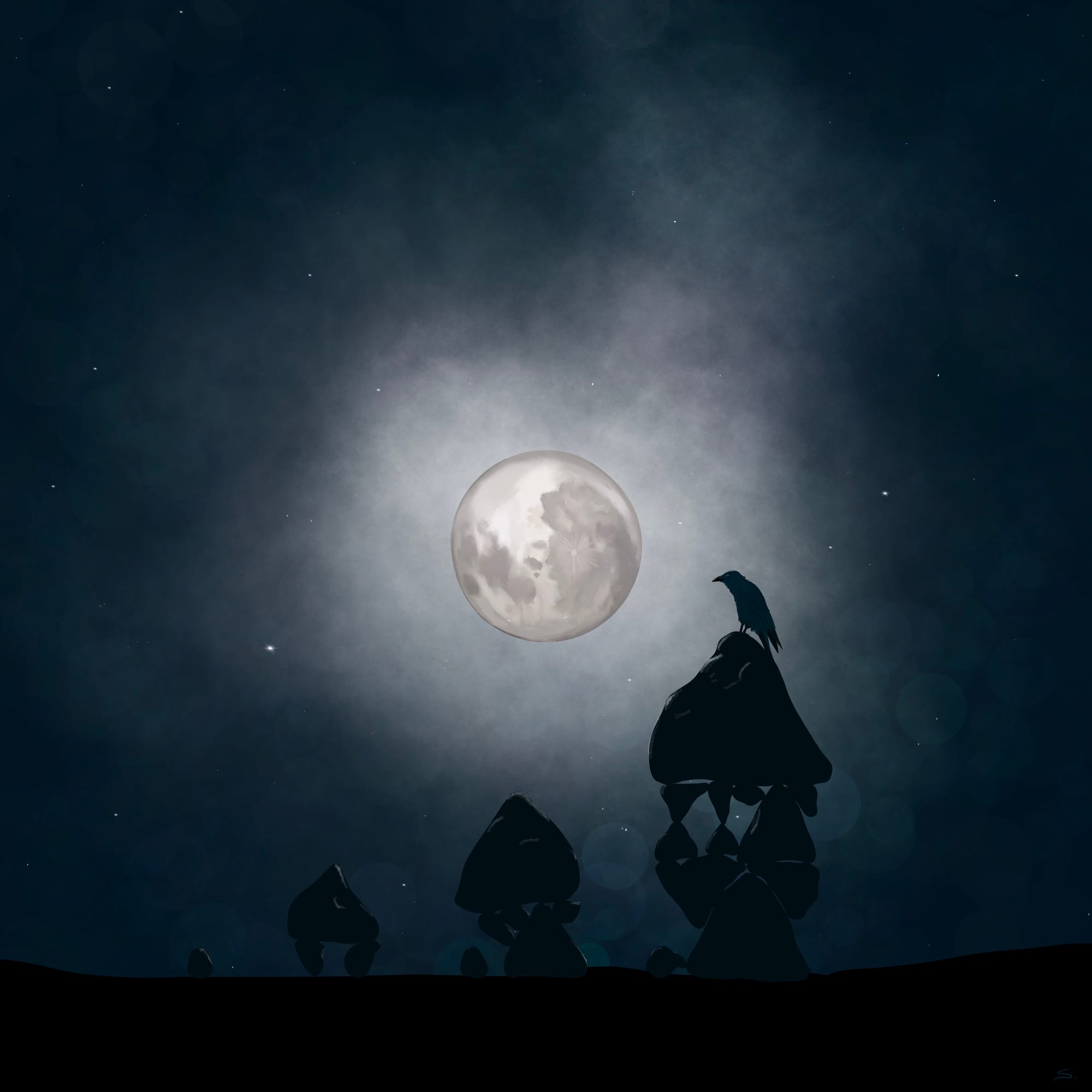 A raven sits on a large stack of stones arranged to represent the integer partition of 4 in the moonlight. 3 other piles count down 3,2,1 to the left. There are gaps in the stone stacks and stars in the scene. 