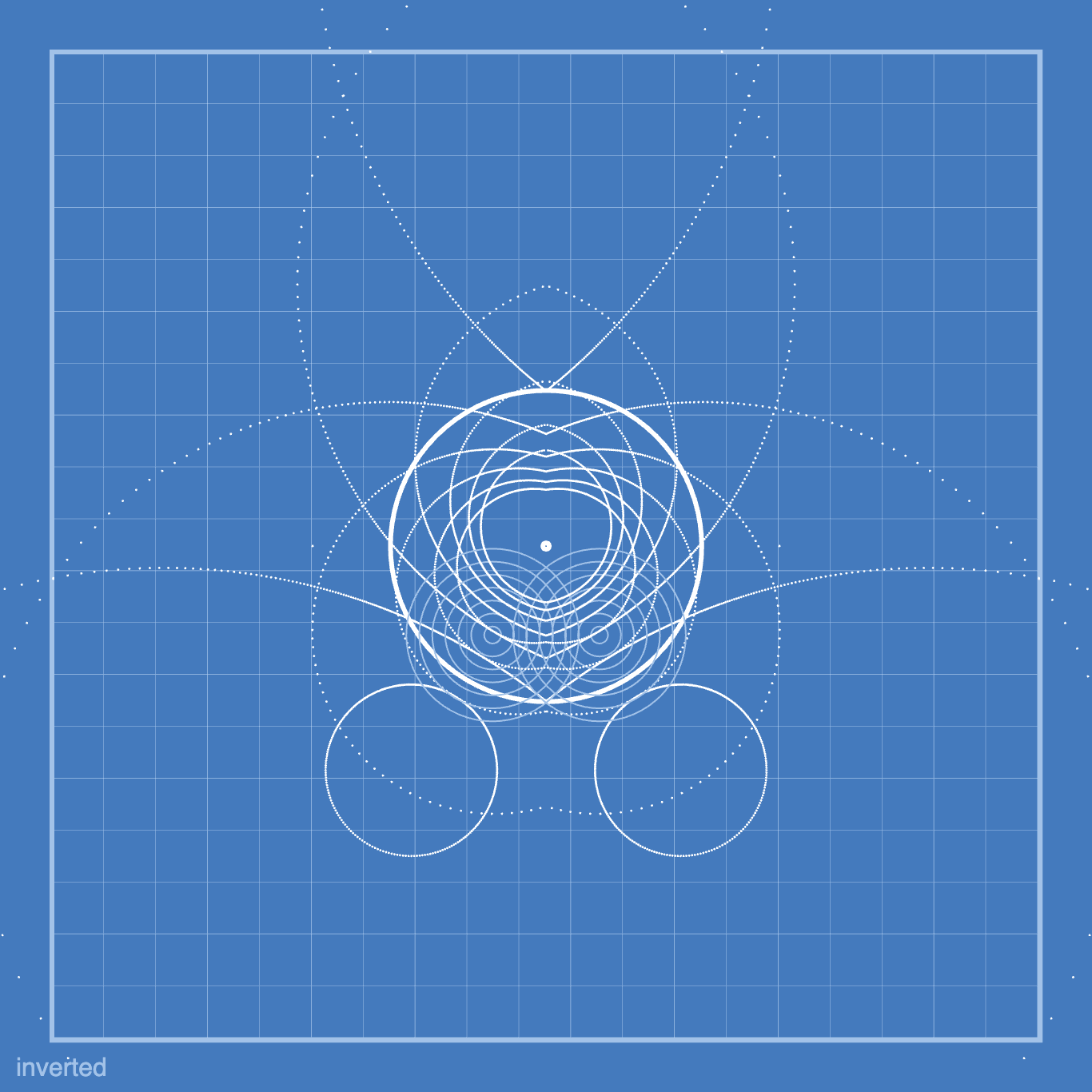 A circle with multiple inverted circles coming from it reflected over the y-axis. The image is white on a blueprint design. 