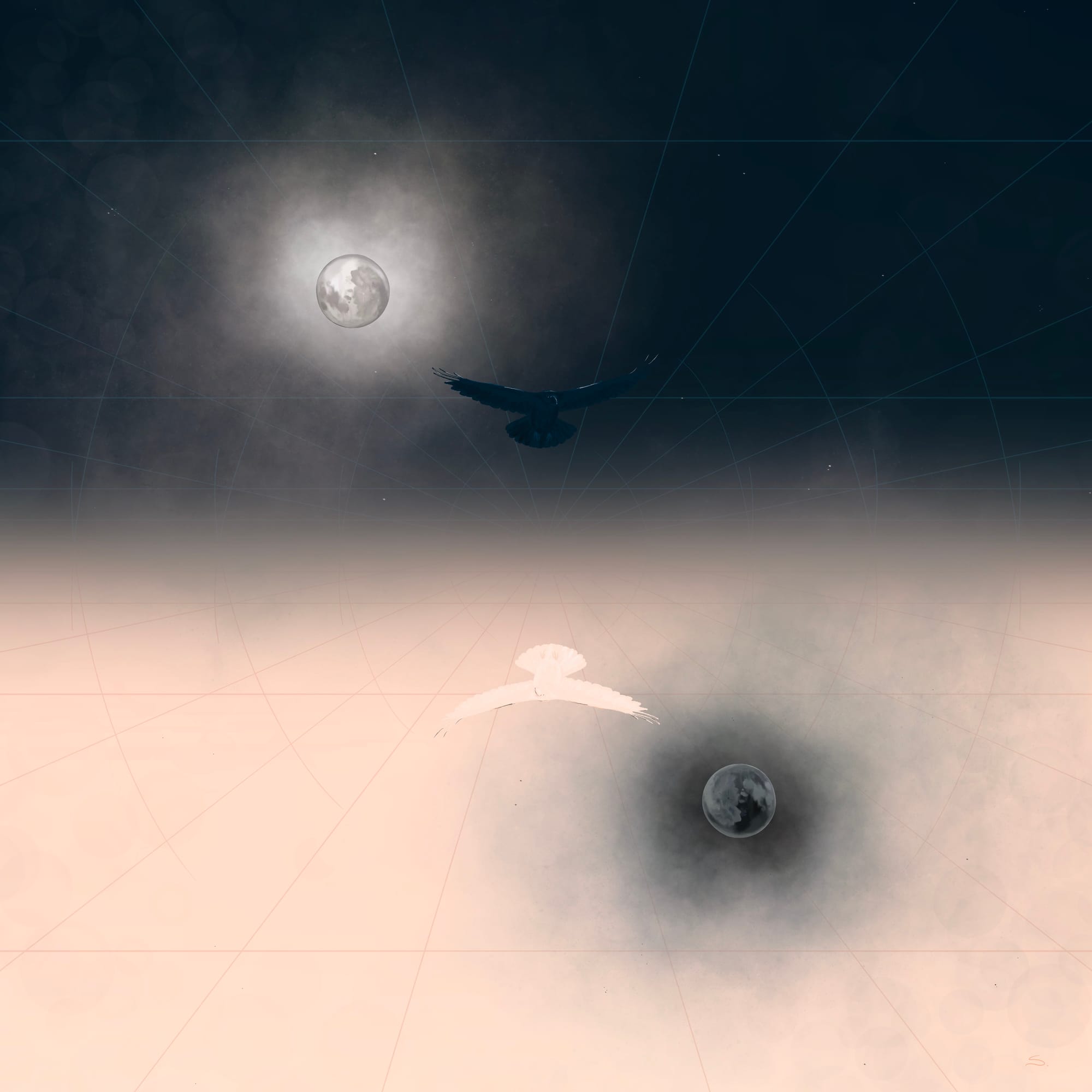 a raven flying from the moon with a dark background - barely visible in the dark with an inverted color raven and moon rotate 180 with a background as a light peach. 