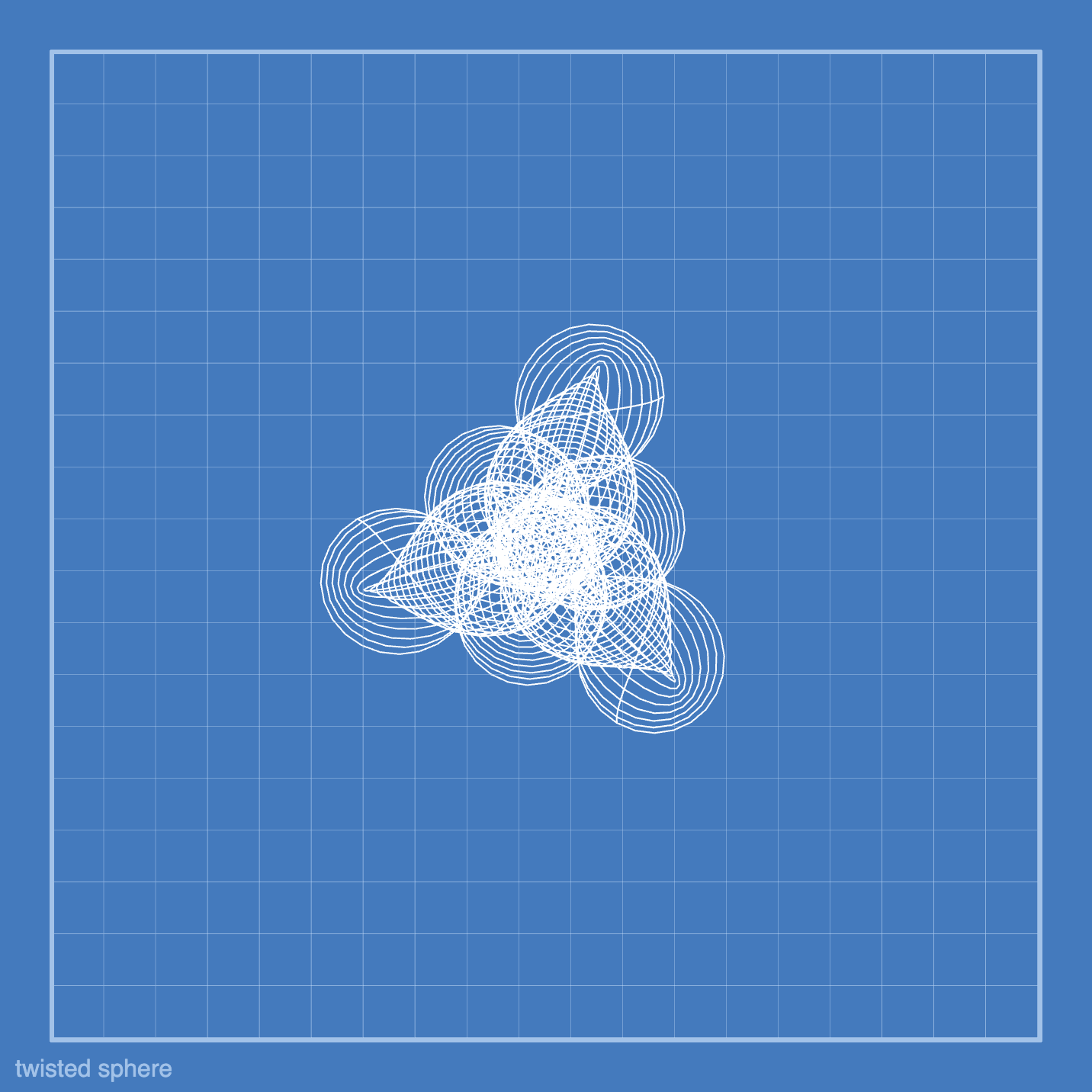 three twisted spheres on a blueprint design close together almost like trillium